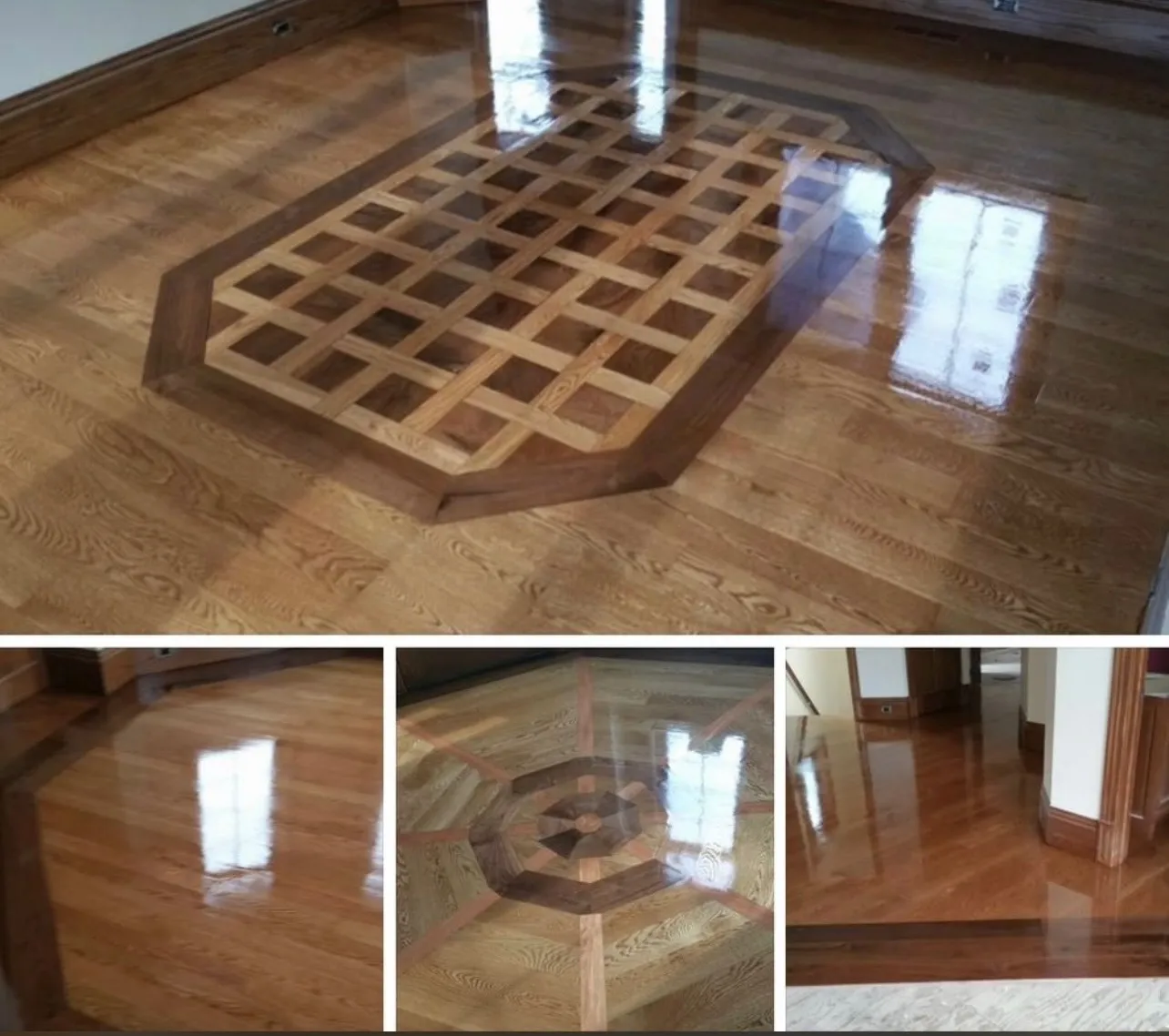 Custom hardwood inlay work — lattice pattern, medallion, and border details with glossy finish